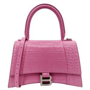 Balenciaga  Hourglass Crocodile Embossed Leather Top Handle Shoulder Bag Pink